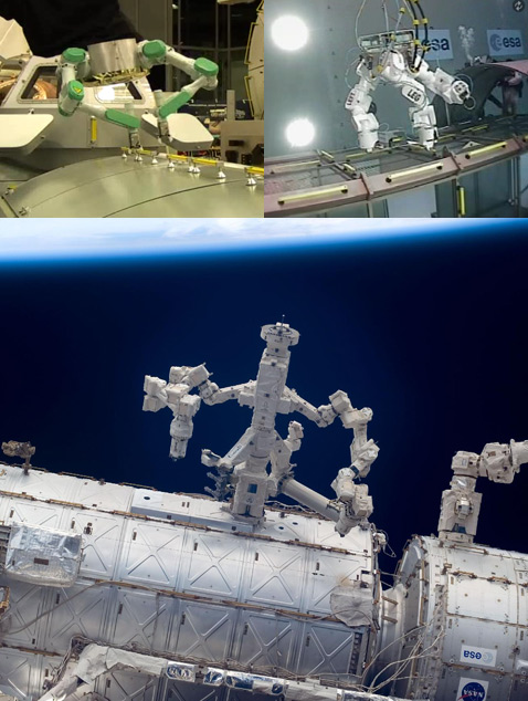 Eurobot на испытательных
стендах в ESA (вверху) и Dextre за работой на МКС (фотографии ESA, NASA).
