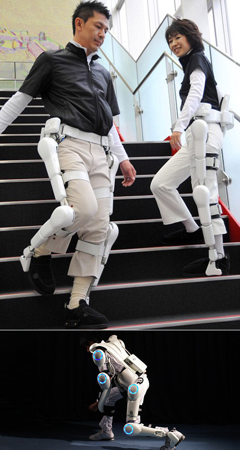 Облегчённые HAL-штаны и полный костюм HAL, который в зависимости от исполнения и настроек усиливает действия человека в 2-10 раз (фотографии AP и Cyberdyne).