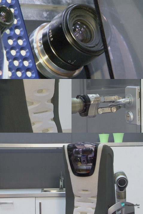 "Одарённый" немецкий робот умеет распознавать предметы, он может открывать двери, чтобы достичь пункта назначения. А эластичный "пояс" машины и вовсе – настоящая изюминка аппарата (кадры Fraunhofer IPA).