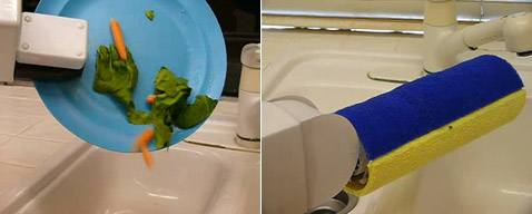 Слева: очистка тарелок от остатков еды пока предполагает, что еда эта легко падает вниз, если тарелку наклонить, а кроме того, требует наличия на кухне измельчителя в раковине. Справа: поверхность стола робот очищает вращающейся мокрой губкой (кадры Readybot Robot Challenge).