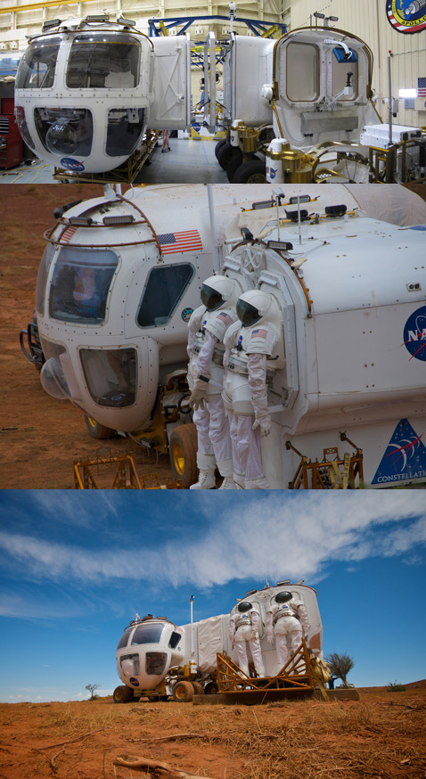 Принцип стыковки LER. В тестах в исследовательском центре и в испытаниях в пустыне подвижной была только одна из кабин, но, по идее, обе будут на колёсах (фотографии NASA).