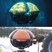 Первые испытания роботов DEPTHX в бассейне и на открытой воде (фотографии с сайта frc.ri.cmu.edu).