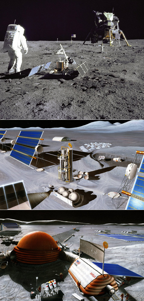 Вверху: Олдрин в "Базе Спокойствия". На время пребывания астронавтов на Луне их место работы вполне можно было назвать маленьким лагерем. Но базы будущего (внизу) должны раскинуться на гектары, а работать будут на постоянной основе (фото и иллюстрации NASA).