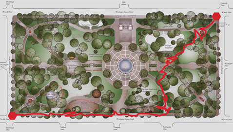 Первая миссия "Твинбота" прошла в нью-йоркском парке Вашингтон-сквер (Washington Square Park): робот должен был добраться от северо-восточного входа до юго-западного. У него получилось достичь цели за 42 минуты. Помощь машинке оказали 29 человек (иллюстрация Kacie Kinzer).