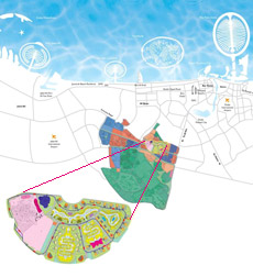 Расположение City of Arabia (цветной полукруг) в Дубае. Парк динозавров показан сиреневым цветом. Обратите внимание на верхнюю часть карты.