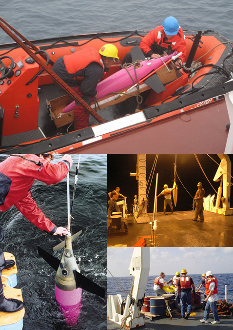 Вес Seaglider составляет 52 килограмма, потому двое людей на маленькой лодке элементарно справляются с его спуском в воду и последующим подъемом. А уж при помощи крана на судне робота достать из воды и вовсе не проблема (фото APL/University of Washington).