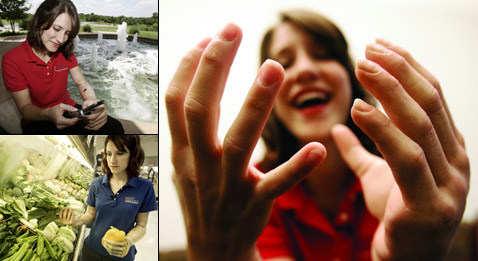 Линдсей Блок в городе. Справа: а так её левая бионическая рука выглядит в "кожаной" перчатке. Визуальное отличие от настоящей, правой руки заметить непросто (фотографии Touch Bionics).
