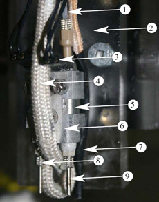 Ключевая часть переделанного робота FAH: 1 – трубки для рабочих жидкостей, 2 – манипулятор, 3 – провода, 4 – нагревательный элемент, 5 – микроклапаны, 6 – корпус распылителей, 7 – измерительная термопара, 8 – сопло для воды, 9 – сопло для рассола