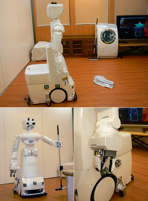 Во время демонстрации робот помимо манипуляций со шваброй должен был убрать со стола поднос с грязной посудой и отвезти его к мойке…(фотографии с сайта robot.watch.impress.co.jp).