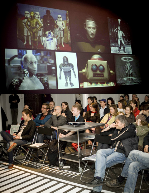 "Печа куча" в Любляне. Среди прочего на "слёте" прозвучал доклад о роботах в литературе и кино как историческом контексте появления RoboVox (фотографии с сайта robovox.co.uk).